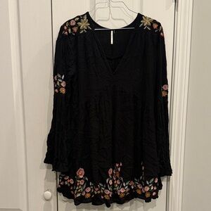 Free People Black Blouse with Floral Embroidery